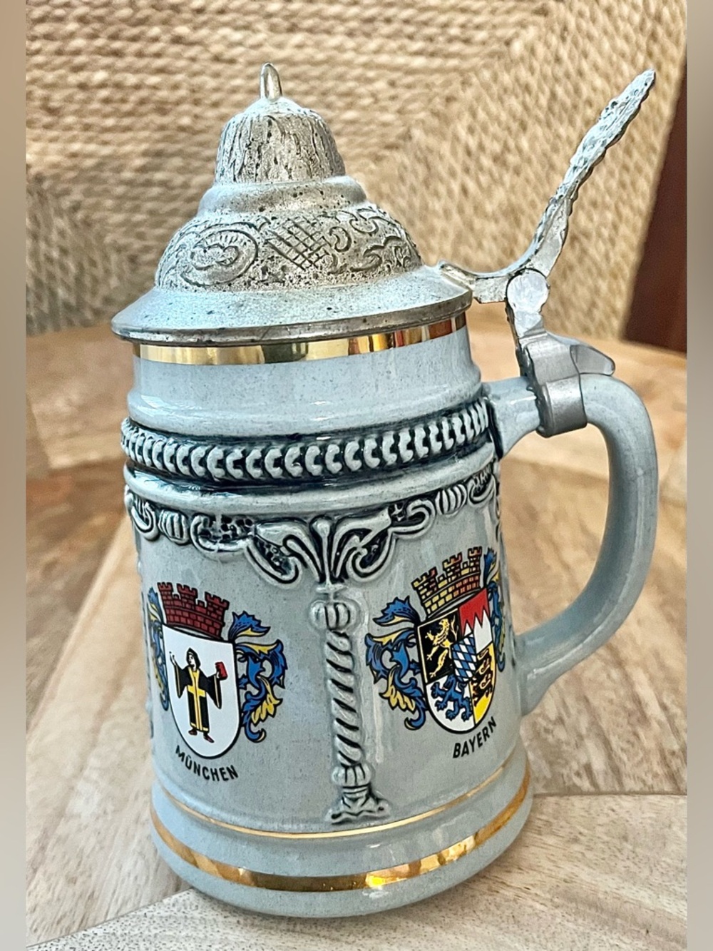 Vintage King Coat of Arms Ornate Pewter Lid Stein Western Germany 6” Grey